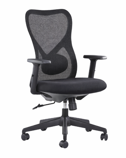 Silla operativa Virtus con respaldo de malla, asiento tapizado y apoyabrazos, vista frontal y trasera.