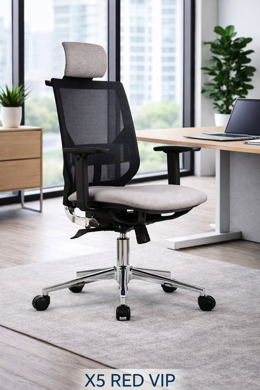 Silla gerencial X5 RED VIP con respaldo de malla negra, apoyo lumbar y asiento tapizado gris – TDB Archivos Activos