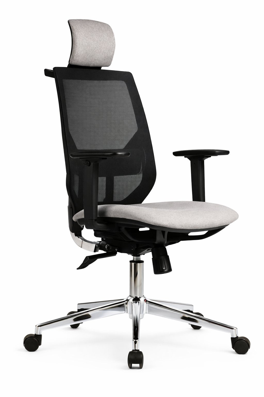 Silla gerencial X5 RED VIP con respaldo de malla negra, apoyo lumbar y asiento tapizado gris – TDB Archivos Activos
