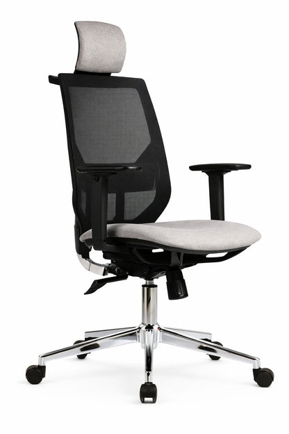 Silla gerencial X5 RED VIP con respaldo de malla negra, apoyo lumbar y asiento tapizado gris – TDB Archivos Activos