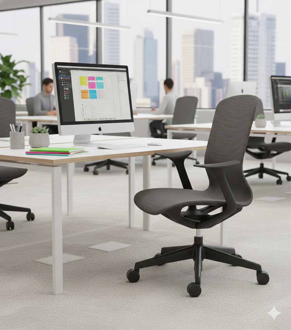 Silla operativa Xenon con respaldo y asiento de malla gris, diseño ergonómico y base con ruedas.