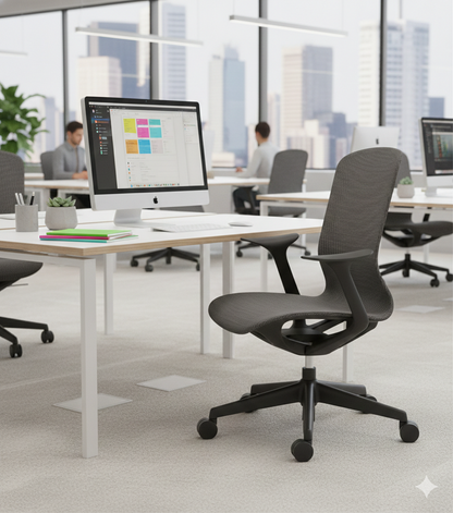 Silla operativa Xenon con respaldo y asiento de malla gris, diseño ergonómico y base con ruedas.