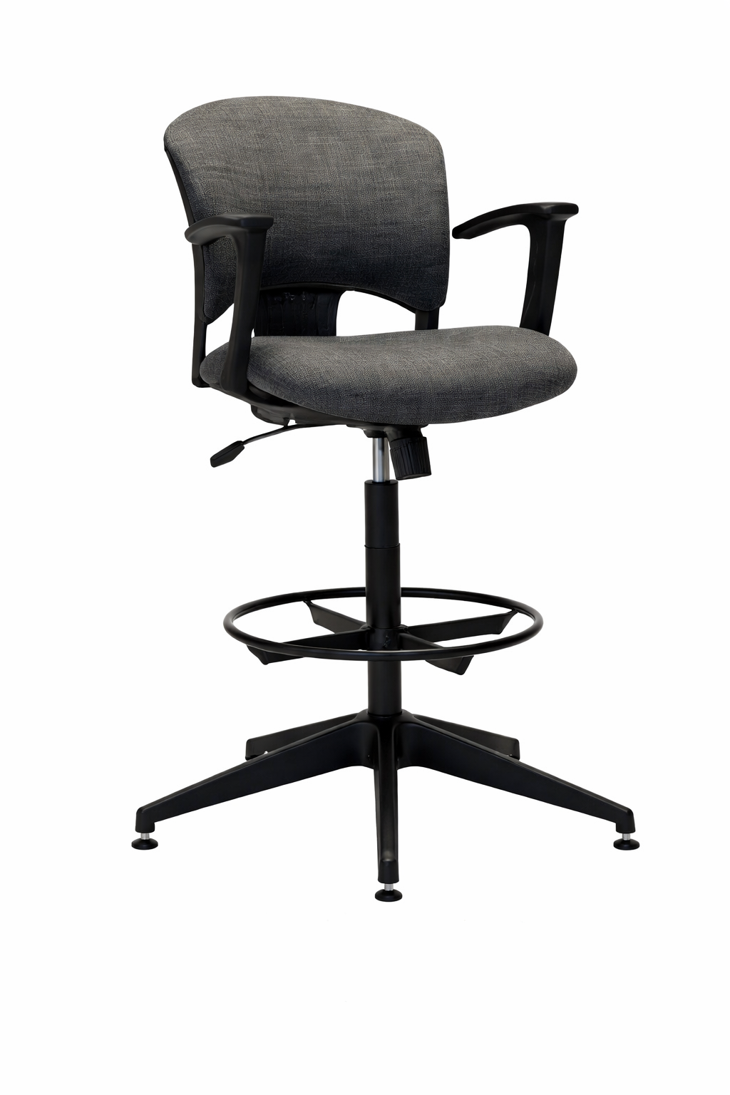 Silla alta Boer Cajera ergonómica con apoyabrazos, apoyapiés y base giratoria, ideal para puestos de trabajo y cajas.