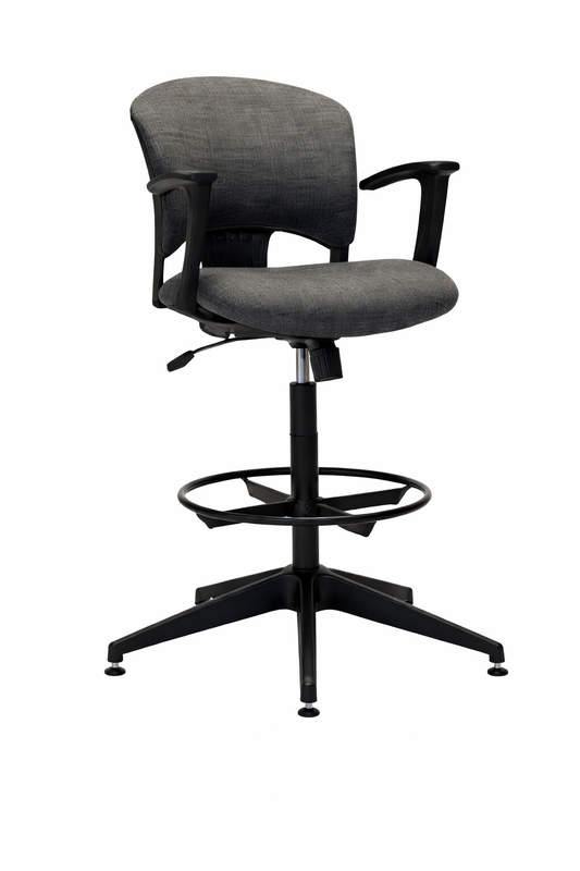 Silla alta Boer Cajera ergonómica con apoyabrazos, apoyapiés y base giratoria, ideal para puestos de trabajo y cajas.