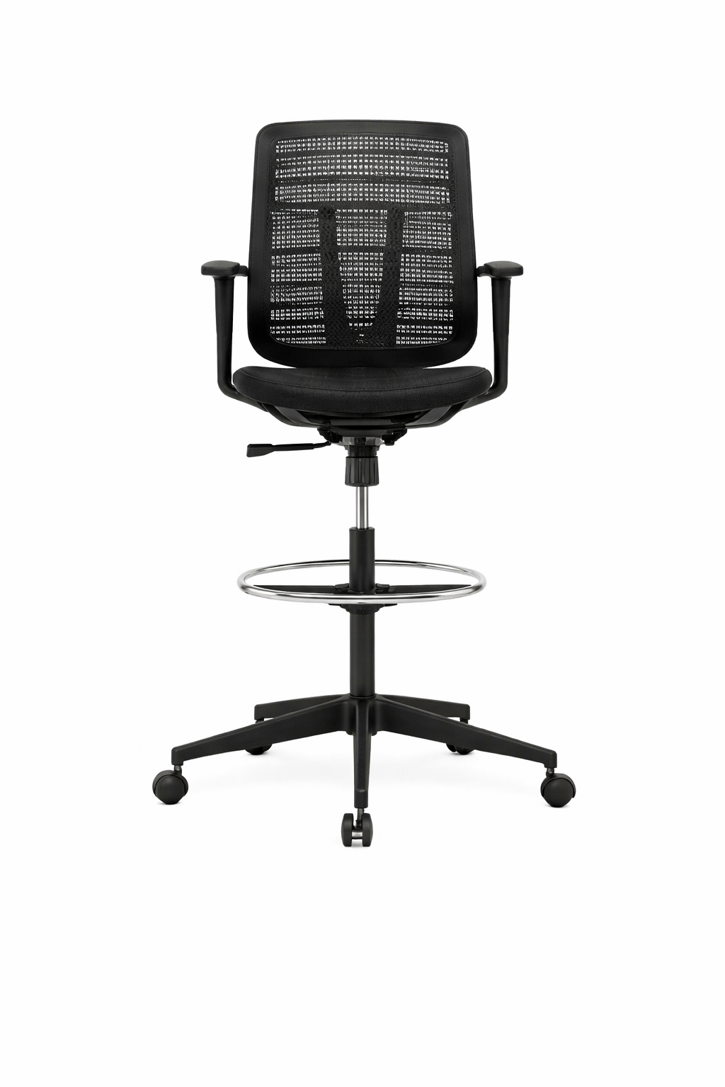 Silla alta Flexor Industrial con respaldo de malla, apoyabrazos y aro apoyapiés, ideal para entornos laborales y puestos elevados.