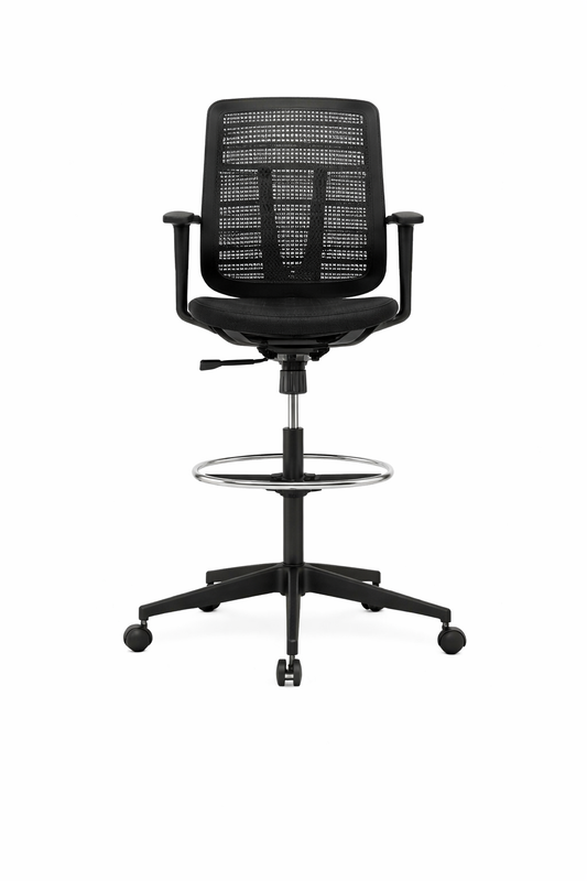 Silla alta Flexor Industrial con respaldo de malla, apoyabrazos y aro apoyapiés, ideal para entornos laborales y puestos elevados.
