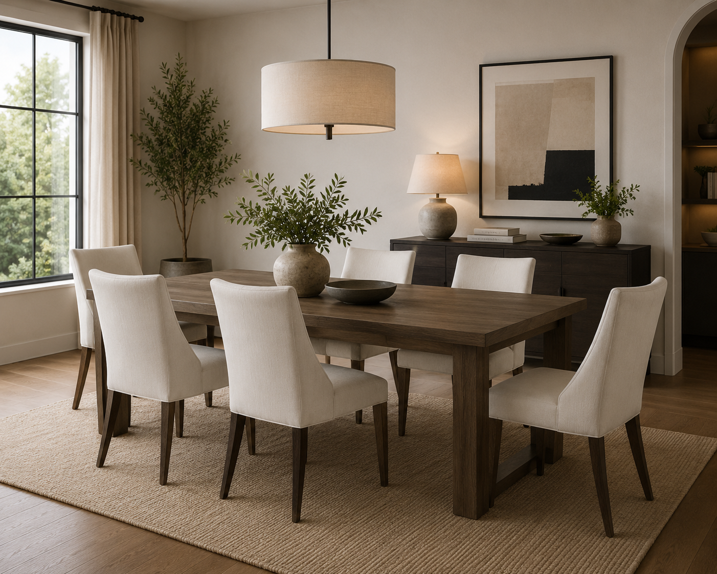 Sillas de comedor tapizadas con estructura de madera, ideales para acompañar mesas de comedor en espacios modernos y elegantes.