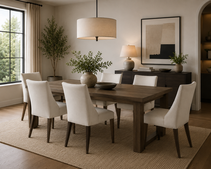 Sillas de comedor tapizadas con estructura de madera, ideales para acompañar mesas de comedor en espacios modernos y elegantes.