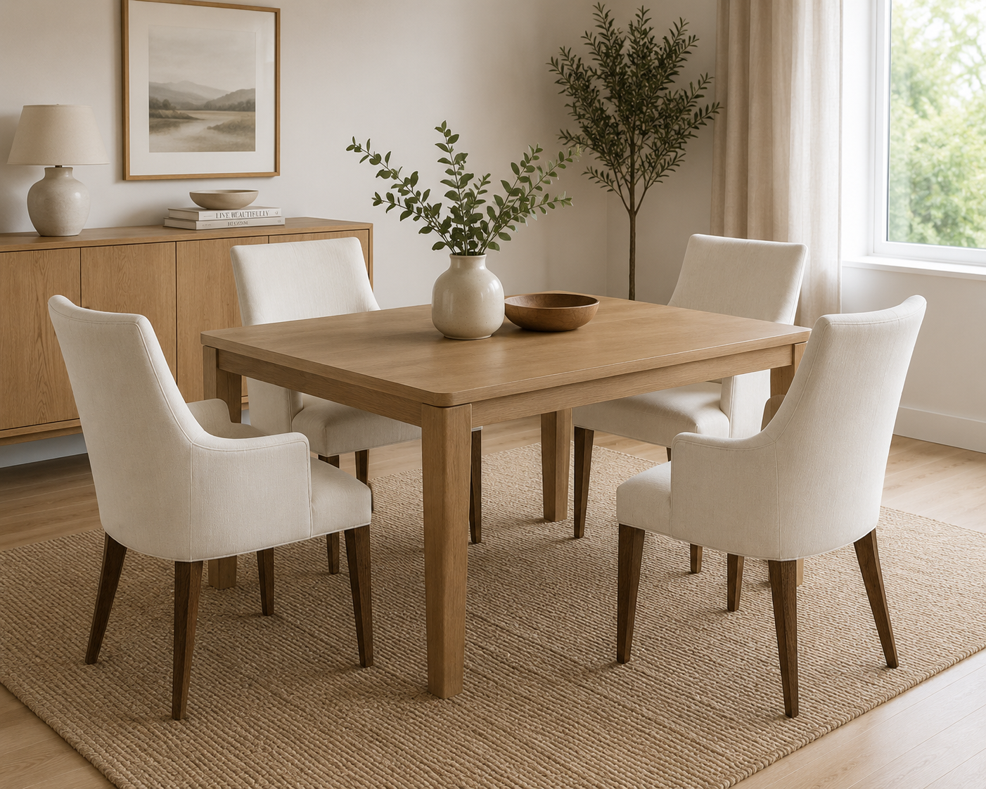 Sillas de comedor tapizadas con estructura de madera, ideales para acompañar mesas de comedor en espacios modernos y elegantes.