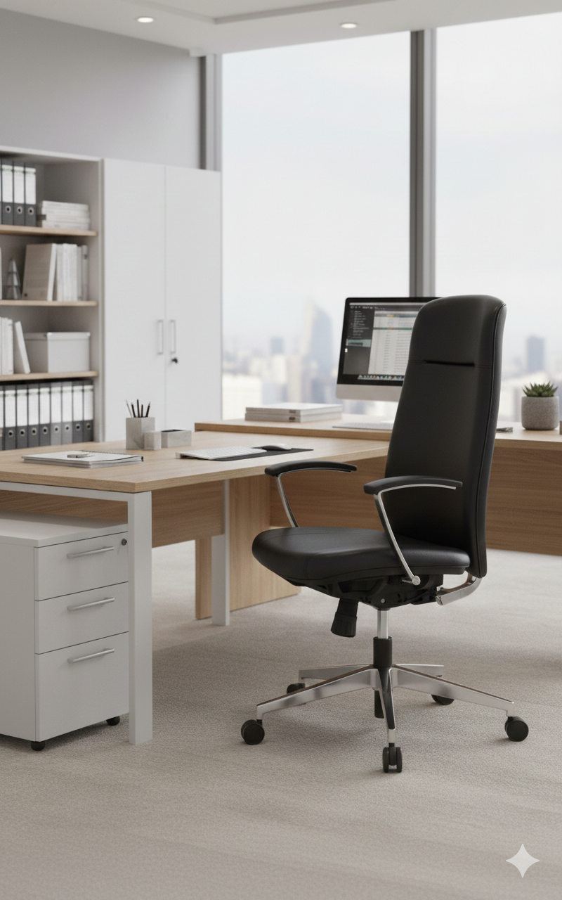 Silla de oficina ejecutiva tapizada en ecocuero negro, con respaldo alto ergonómico, asiento acolchado, apoyabrazos cromados, sistema regulable en altura y base giratoria cromada con cinco ruedas sobre fondo blanco.