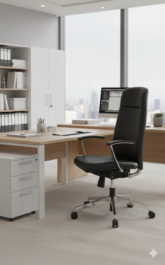 Silla gerencial DOUCE tapizada en ecocuero negro con apoyabrazos cromados y base giratoria – TDB Archivos Activos