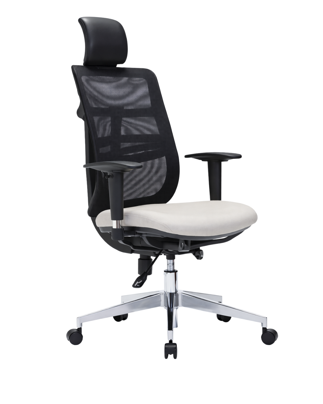 Silla gerencial FLEXOR con respaldo de malla negra, apoyo cervical y asiento tapizado claro.
