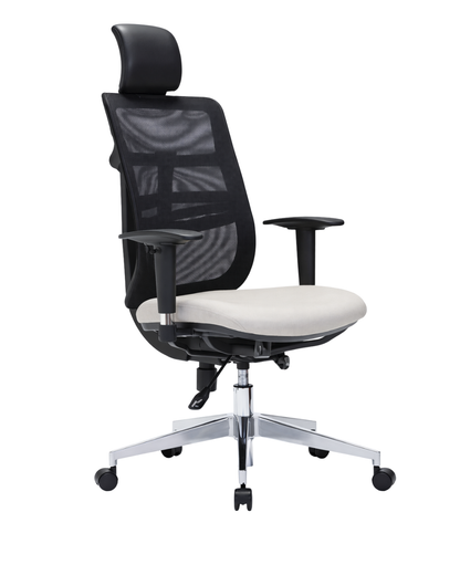 Silla gerencial FLEXOR con respaldo de malla negra, apoyo cervical y asiento tapizado claro.
