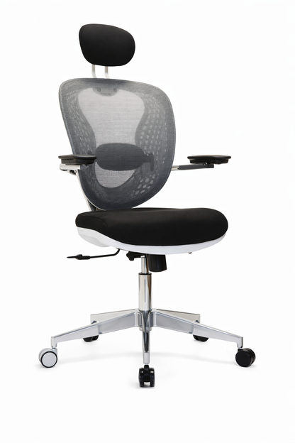 Silla gerencial VERTEBRA con respaldo anatómico de malla, apoyo lumbar, apoyo cervical y base cromada.