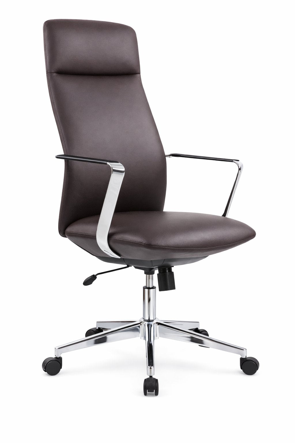 Silla gerencial VITO tapizada en ecocuero marrón con apoyabrazos cromados y base giratoria – TDB Archivos Activos
