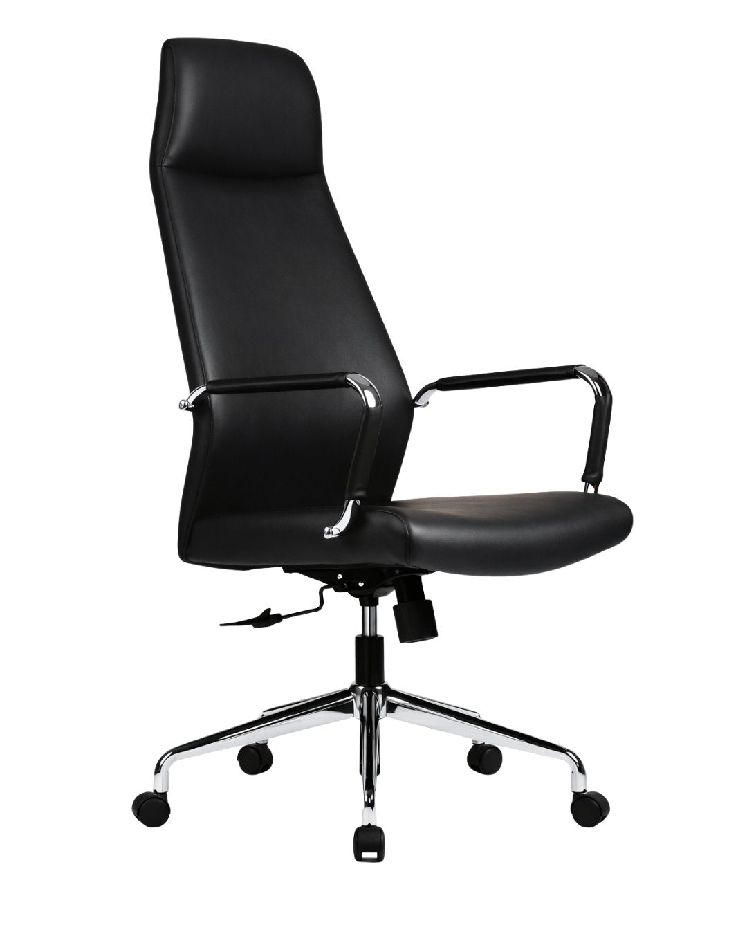 Silla gerencial DOUCE tapizada en ecocuero negro con apoyabrazos cromados y base giratoria – TDB Archivos Activos