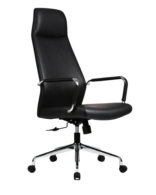 Silla gerencial DOUCE tapizada en ecocuero negro con apoyabrazos cromados y base giratoria – TDB Archivos Activos