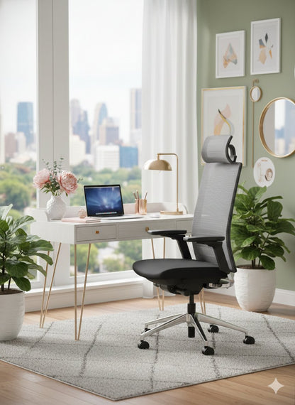 Silla gerencial JASPER con respaldo de malla gris y apoyo cervical – TDB Archivos Activos