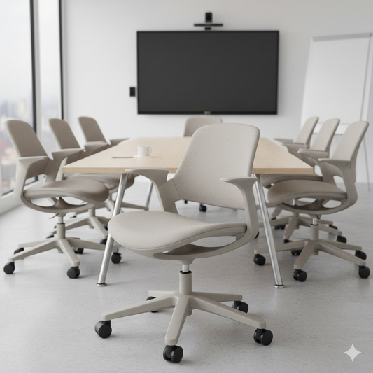 Silla de oficina ergonómica color turquesa con respaldo curvo, apoyabrazos integrados y base giratoria con ruedas sobre fondo blanco.