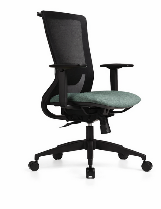 Silla operativa Corporate con respaldo de malla y asiento tapizado, estructura moderna para oficina.