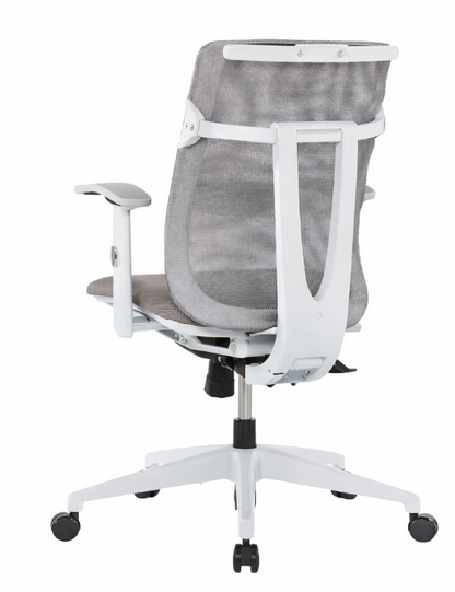 Silla operativa Flexor con respaldo de malla, asiento tapizado y apoyabrazos, vista frontal y posterior.