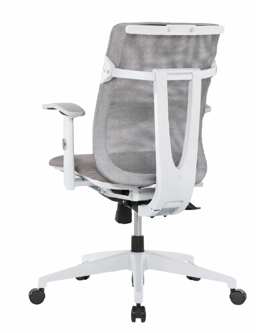 Silla operativa Flexor con respaldo de malla, asiento tapizado y apoyabrazos, vista frontal y posterior.