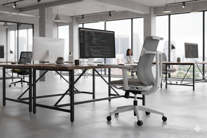Silla operativa Flexor con respaldo de malla, asiento tapizado y apoyabrazos, vista frontal y posterior.