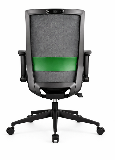 Silla operativa Giga con respaldo de malla, asiento tapizado y apoyabrazos, vista frontal y trasera.