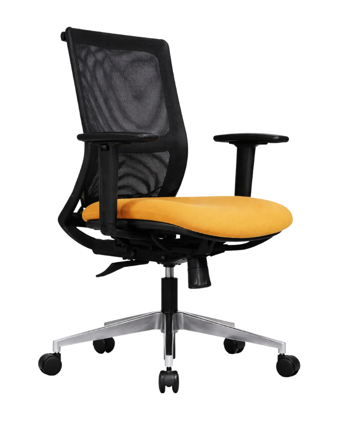 Silla operativa ORION con respaldo de malla negra y asiento tapizado color mostaza, base con ruedas.