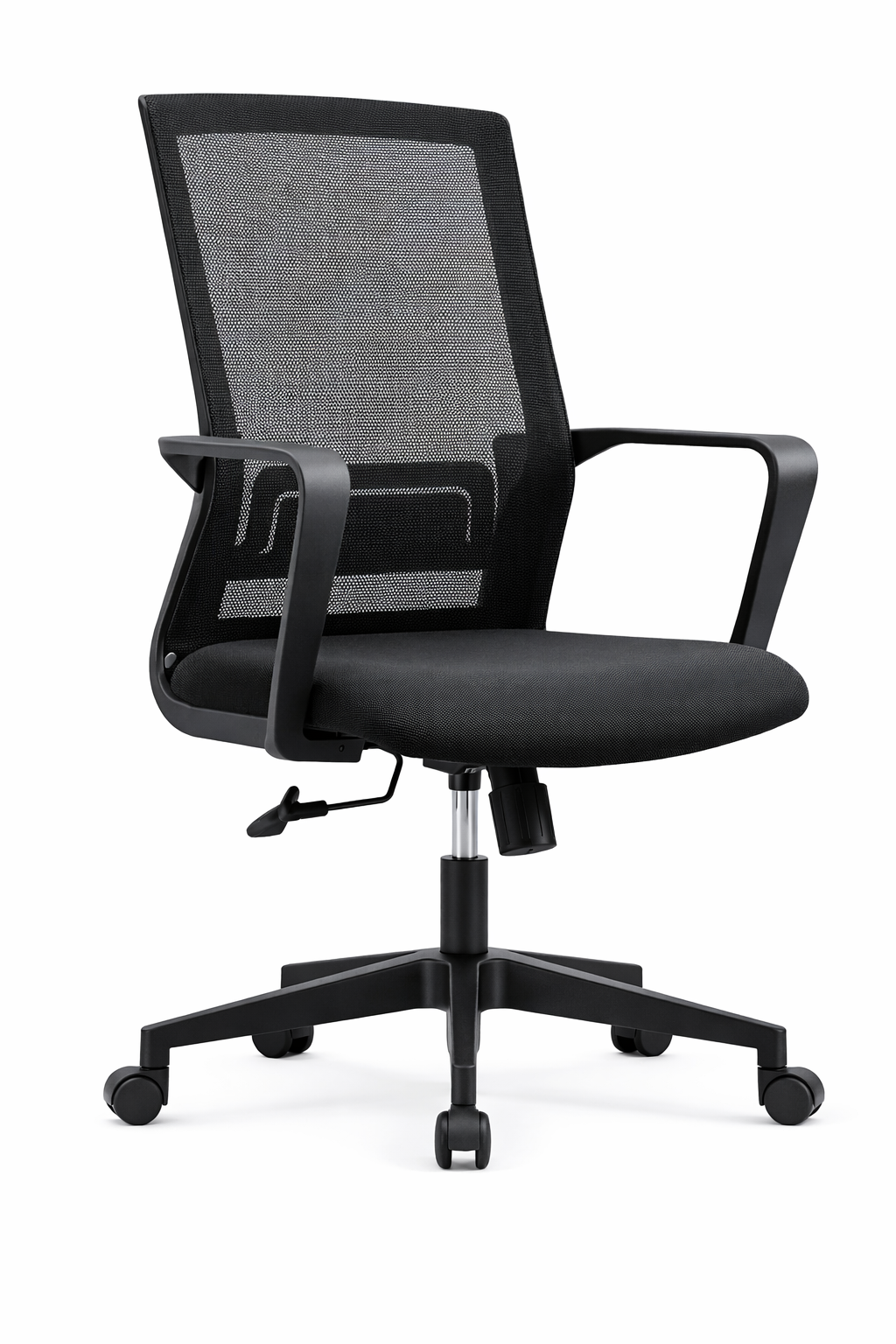 Silla operativa Philly con respaldo de malla negra y asiento acolchado, base con ruedas.
