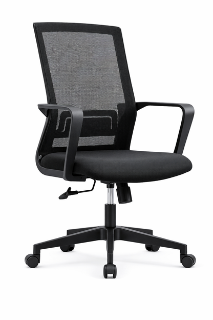 Silla operativa Philly con respaldo de malla negra y asiento acolchado, base con ruedas.