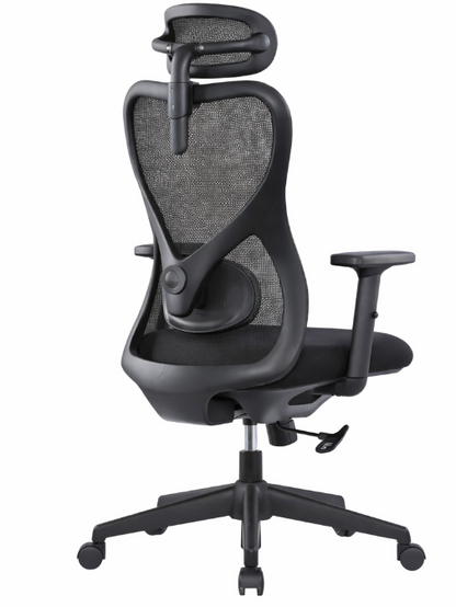 Silla operativa Virtus con respaldo de malla, asiento tapizado y apoyabrazos, vista frontal y trasera.