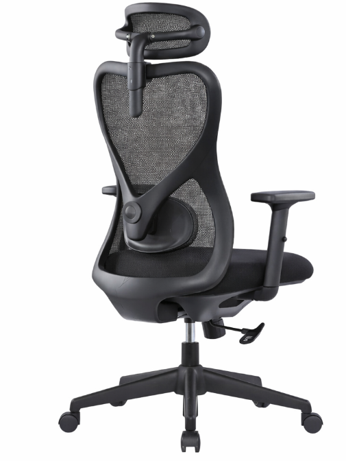 Silla operativa Virtus con respaldo de malla, asiento tapizado y apoyabrazos, vista frontal y trasera.