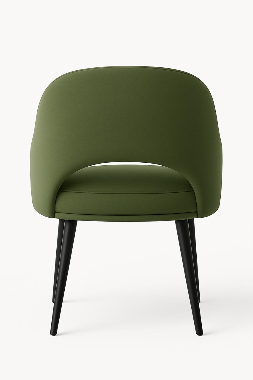 Silla de comedor tapizada en color verde con respaldo curvo y patas cónicas negras, sobre fondo blanco.