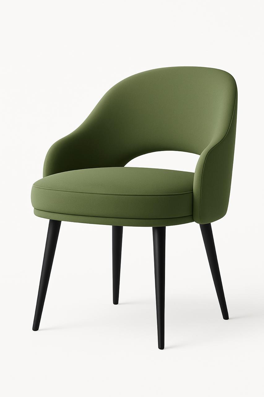 Silla de comedor tapizada en color verde con respaldo curvo y patas cónicas negras, sobre fondo blanco.