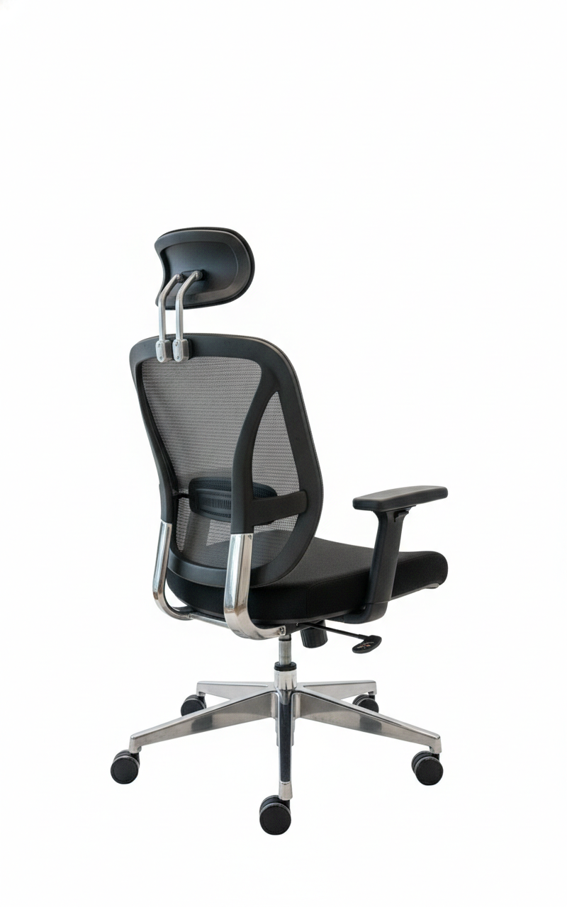 Silla gerencial VERTEBRA con respaldo anatómico de malla, apoyo lumbar, apoyo cervical y base cromada.