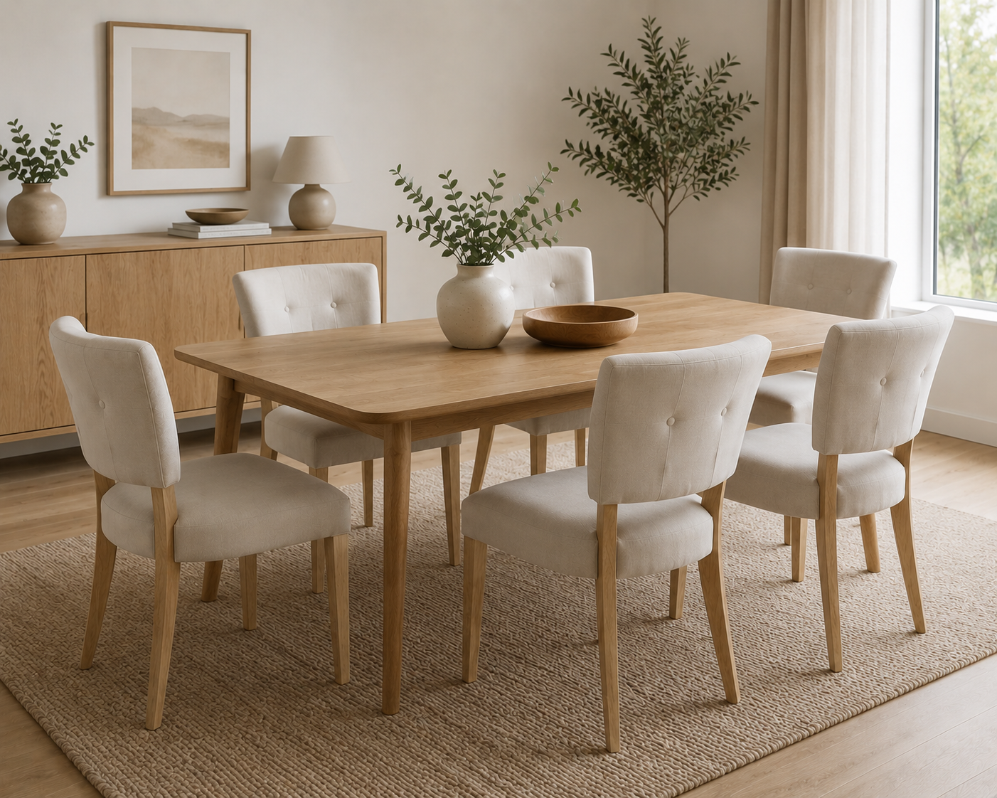 Sillas de comedor tapizadas con estructura de madera, ideales para acompañar mesas de comedor en espacios modernos y elegantes.