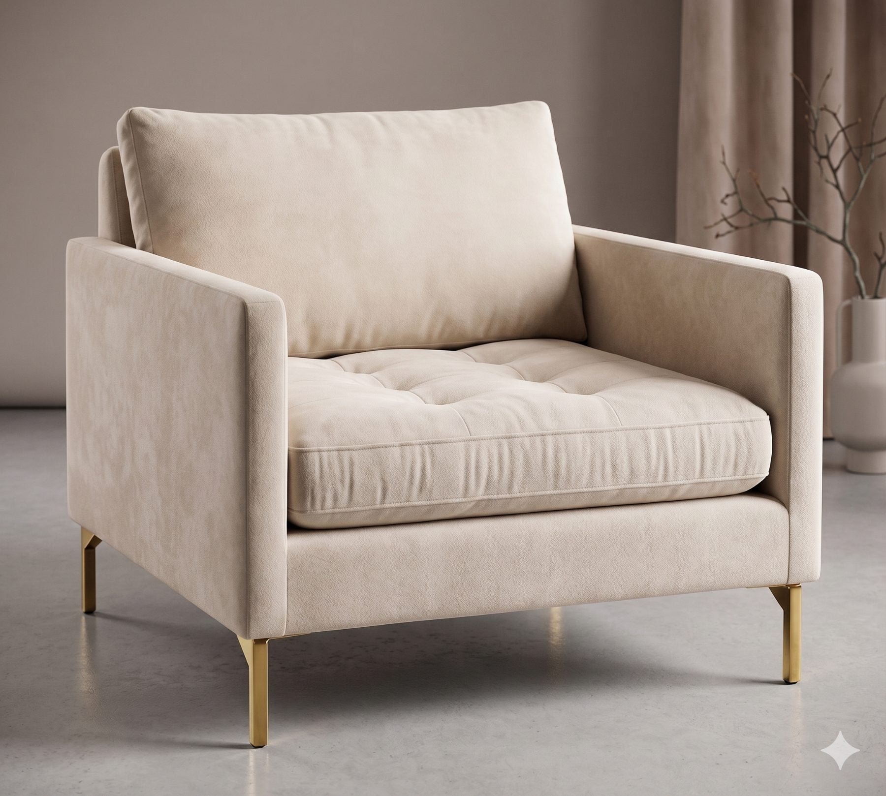 Sillón Ristretto 1 cuerpo en tela beige ambientado en living moderno, asiento capitoné y patas doradas — Tienda de Banquitos