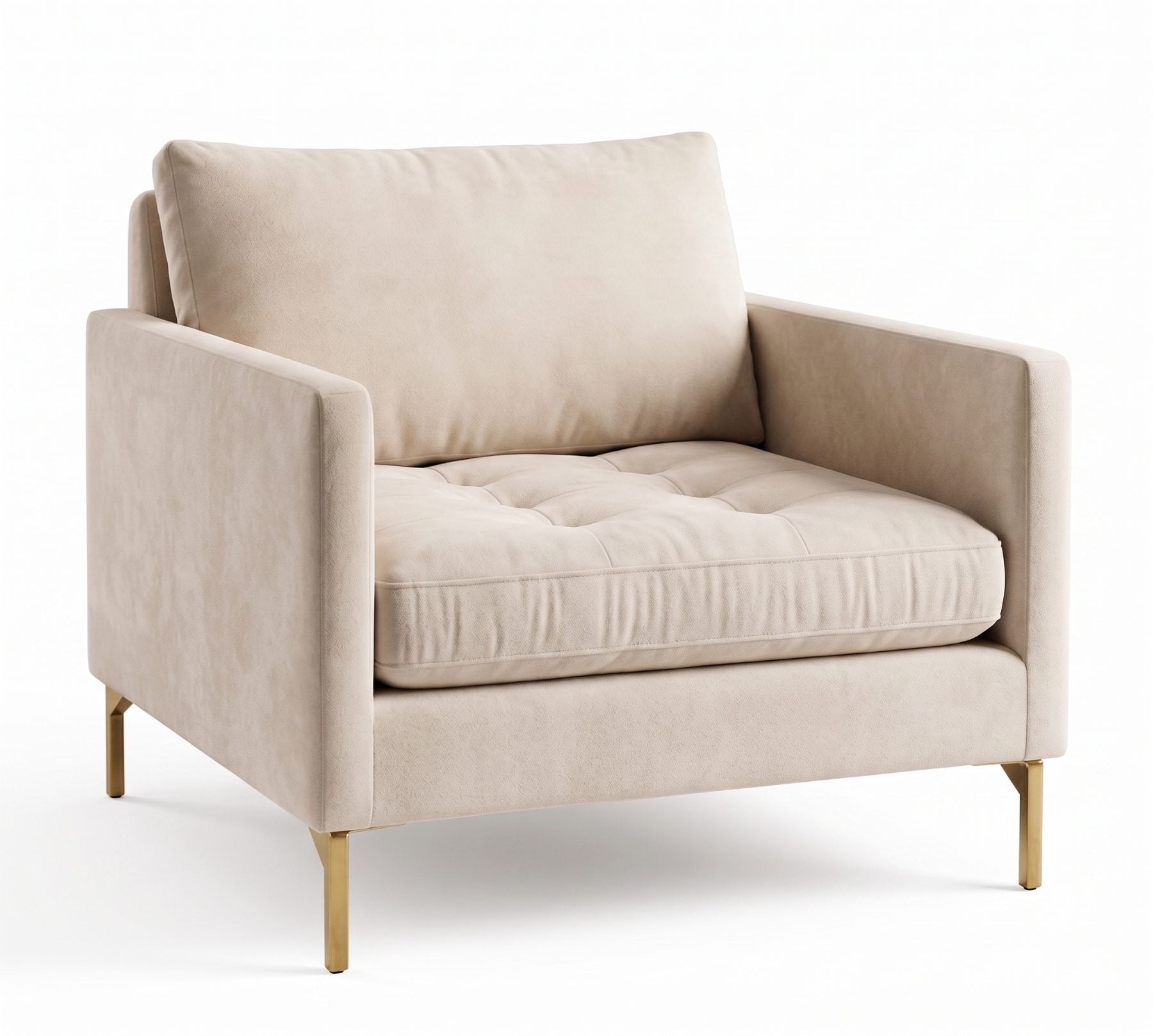 Sillón Ristretto 1 cuerpo tapizado en tela crema, asiento acolchado con capitoné y patas doradas — Tienda de Banquitos