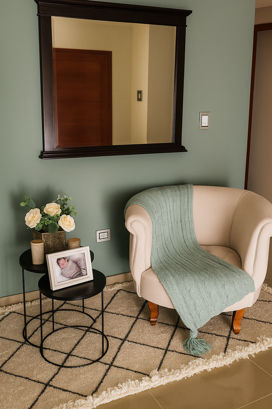Rincón decorativo con sillón individual beige de estilo clásico, manta tejida verde agua, mesa auxiliar negra con flores blancas y portarretratos, sobre alfombra clara con líneas geométricas