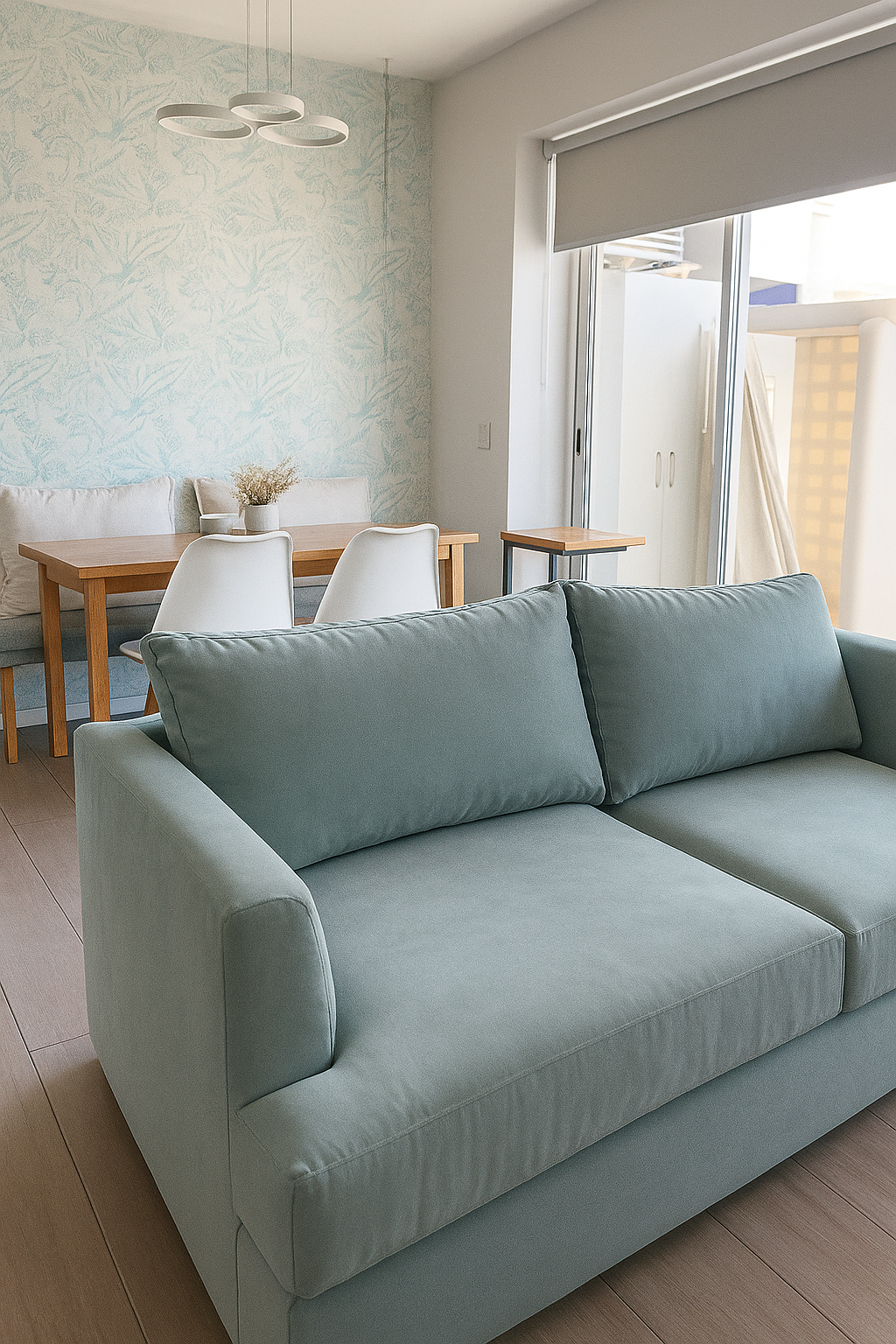 un sillón Elton a medida en color cielo, logrando una pieza única y personalizada. Para completar el ambiente, lo combinó con almohadones Waffle en tono rosa pastel, aportando calidez y frescura al espacio.