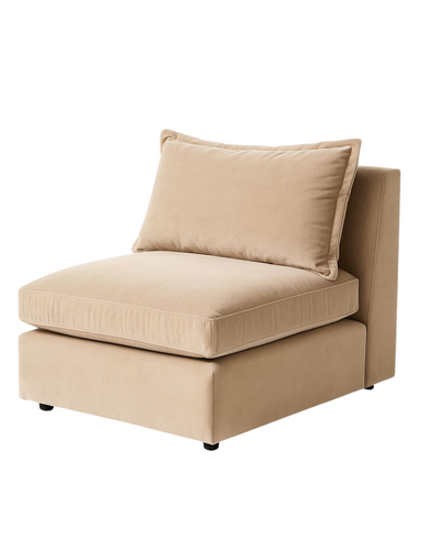 Módulo de sillón individual sin apoyabrazos en pana color camel, con asiento ancho y almohadón de respaldo suelto, patas cortas negras y diseño moderno, sobre fondo blanco.