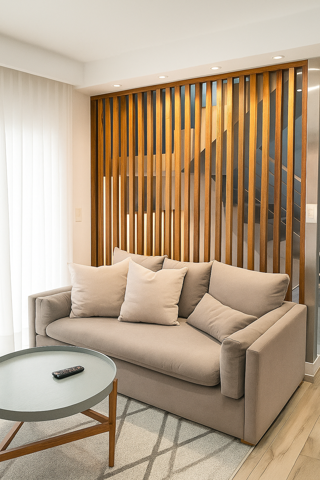 Sofá tapizado en tela beige de textura suave, con diseño moderno y líneas rectas. Incluye múltiples cojines que aportan comodidad y soporte, combinando funcionalidad con estilo. Su estructura compacta lo hace ideal para salas pequeñas, departamentos o espacios minimalistas.