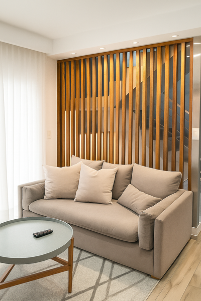 Sofá tapizado en tela beige de textura suave, con diseño moderno y líneas rectas. Incluye múltiples cojines que aportan comodidad y soporte, combinando funcionalidad con estilo. Su estructura compacta lo hace ideal para salas pequeñas, departamentos o espacios minimalistas.