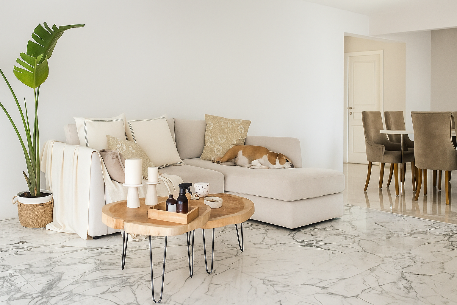 Sofá esquinero en tono crema claro, de líneas limpias y diseño contemporáneo. Tapizado en tela suave, ofrece amplio espacio para descansar, acompañado de cojines decorativos en tonos neutros que aportan calidez. Perfecto para salas luminosas y ambientes relajados.