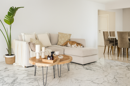 Sofá esquinero en tono crema claro, de líneas limpias y diseño contemporáneo. Tapizado en tela suave, ofrece amplio espacio para descansar, acompañado de cojines decorativos en tonos neutros que aportan calidez. Perfecto para salas luminosas y ambientes relajados.
