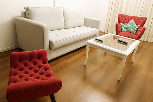 Un sillón gris de dos cuerpos acompañado por dos sillones individuales tapizados en terciopelo rojo, ubicados en un living con piso de madera y una mesa ratona blanca con tapa de vidrio al centro.