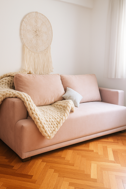 Sillón de dos cuerpos en color rosa viejo con líneas rectas y apoyabrazos anchos, decorado con un cojín gris claro y una manta de lana gruesa en tono beige. Sobre la pared blanca cuelga un atrapasueños artesanal y el ambiente se ilumina con luz natural que entra por la ventana, destacando el piso de parquet en diseño espiga
