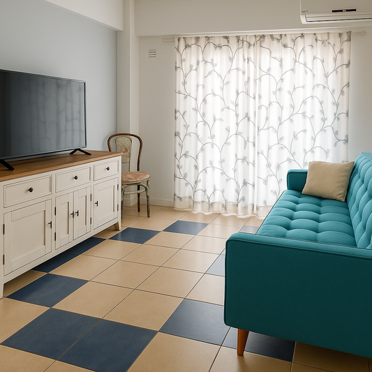 Living moderno con un sillón turquesa de líneas rectas y capitoné en el respaldo, acompañado por un mueble laqueado blanco con detalles rústicos y televisor sobre él. Ambiente luminoso con cortinas estampadas que filtran la luz natural