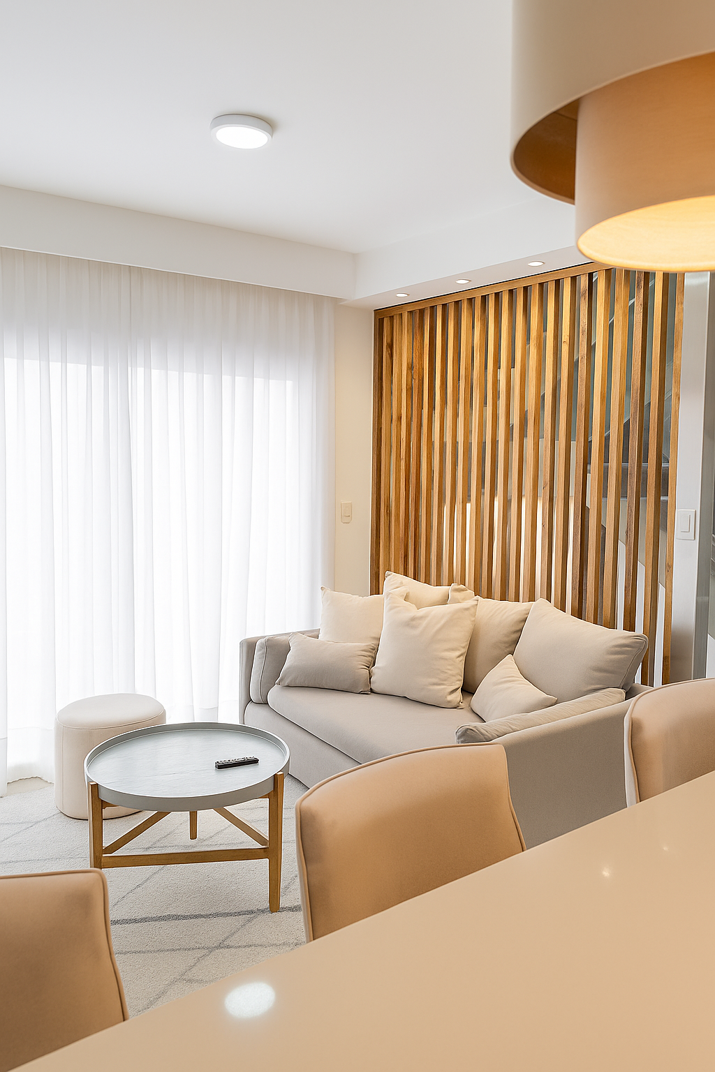 Sofá tapizado en tela beige de textura suave, con diseño moderno y líneas rectas. Incluye múltiples cojines que aportan comodidad y soporte, combinando funcionalidad con estilo. Su estructura compacta lo hace ideal para salas pequeñas, departamentos o espacios minimalistas.